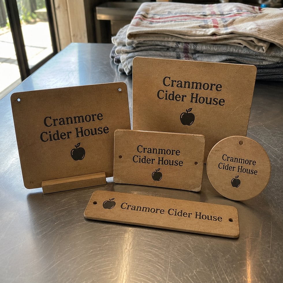 Custom bar and cafe signs staged in a workshop