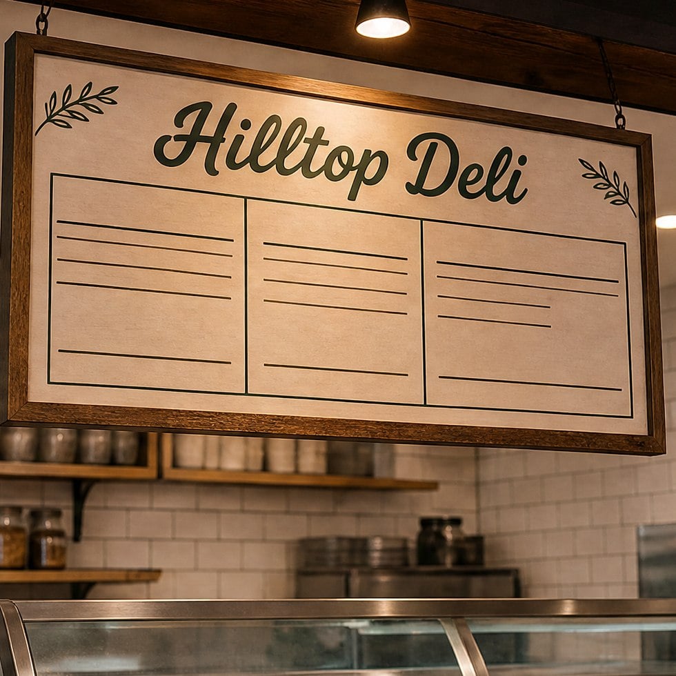 Restaurant menu board sign above a service counter